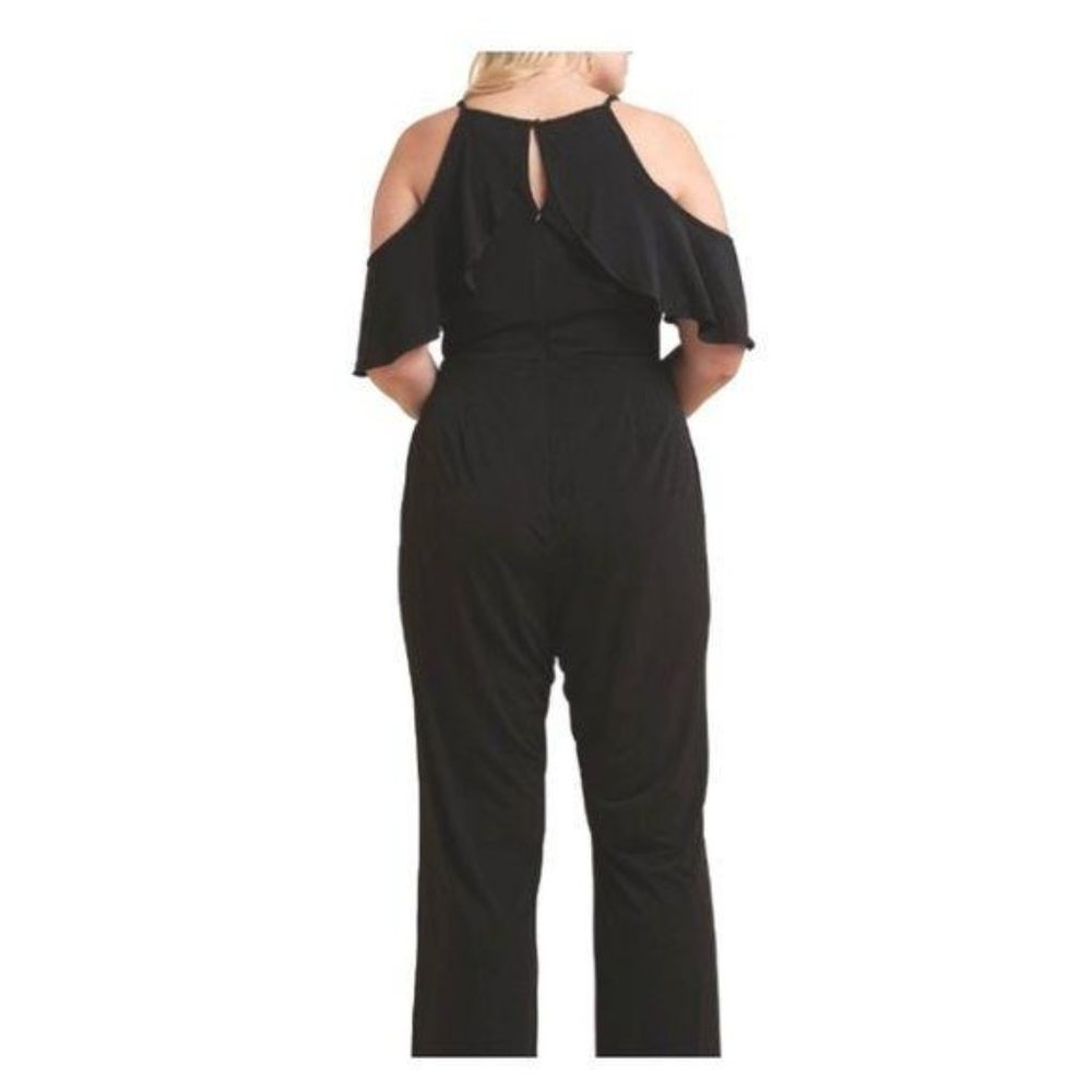 Beige by ECI Ruffle Cold Shoulder Black Jersey Knit Jumpsuit - Picture 2 of 12
